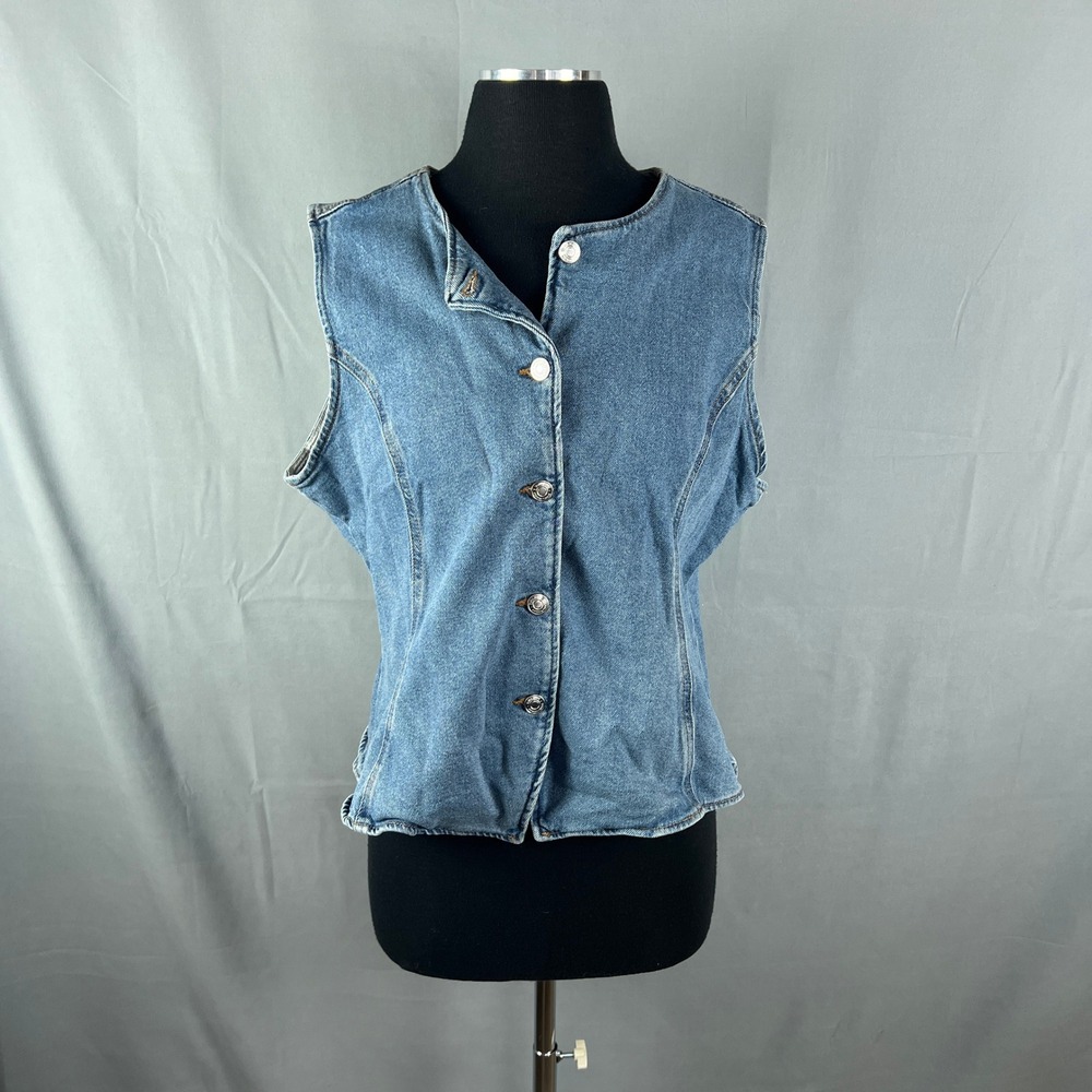 Sofia Vergara Denim Vest Womens L Blue Cotton Stretch Medium Wash Button Front